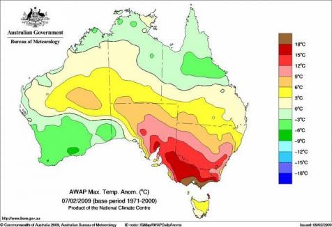 Maximum temperature anomalies (differences from the 1971-2000 average) for 7 February 2009