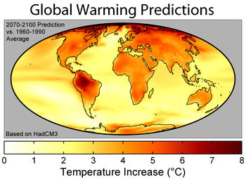 The predicted warming over the 21st century due to business as usual greenhouse gas emissions scenario (IS92a) as reported by the HadCM3 climate model. The average warming in this model is 3.0 °C.